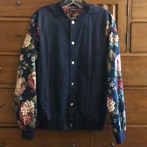 Doris Mention navy jacket with floral sleeves, size medium or large.